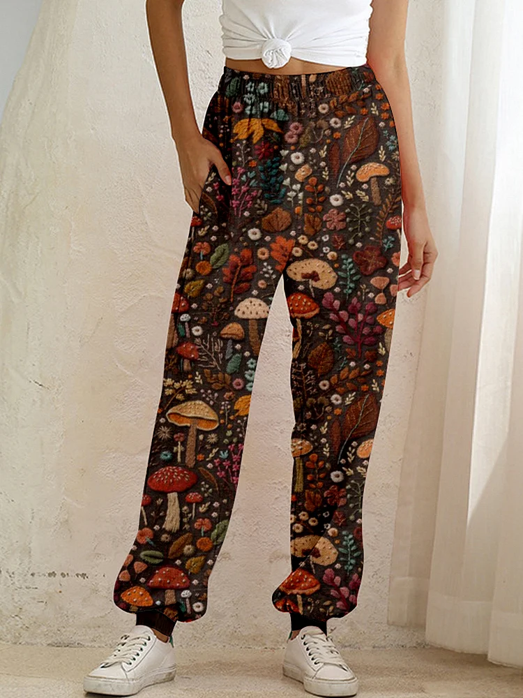 Wearshes Floral and Mushroom Embroidery Art Comfy Sweatpants