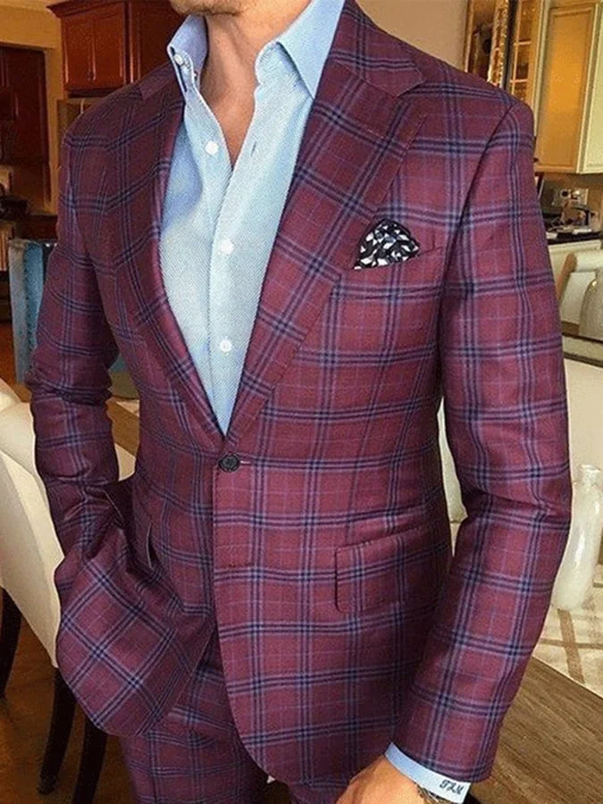 Men's Vintage Single-Breasted Plaid Gentleman's Business Suit Jacket 