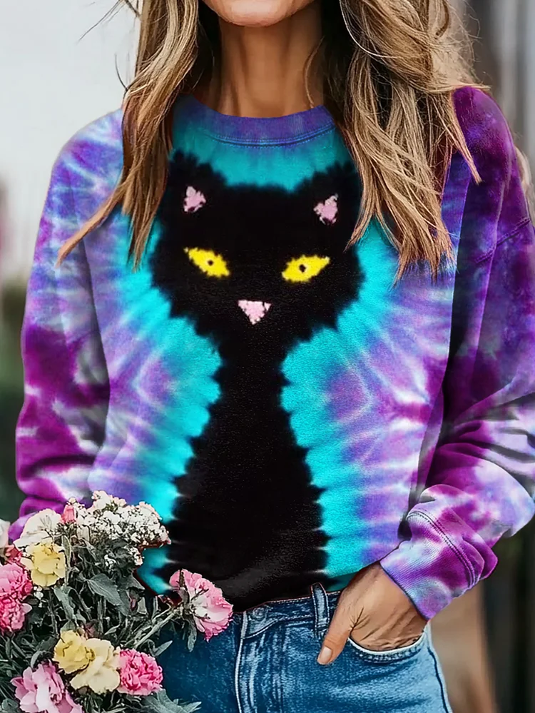 Women's Tie-Dye Black Cat Print Casual Crew Neck Sweatshirt