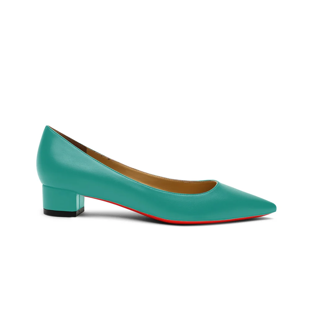 30mm Pointed Toe Red Bottom Kitten Chunky Heels Daily Matte Pumps Low Heels for Women-MERUMOTE