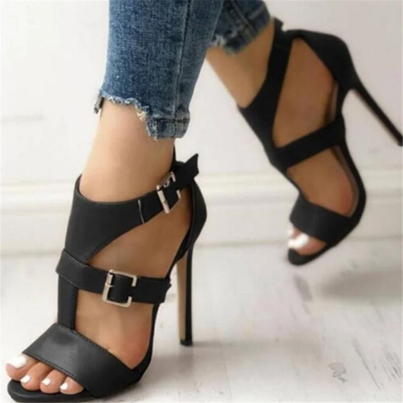 Women Sandals 2021 Summer Gladiator Fine High Heels Leather Peep Toes Ankle Buckle Strap Party Shoes Black Brown Sandalia Mujer