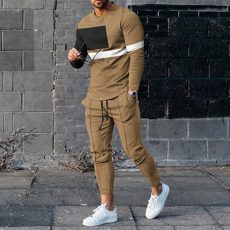 BrosWear Khaki Geometry T-Shirt And Pants Two Piece Set
