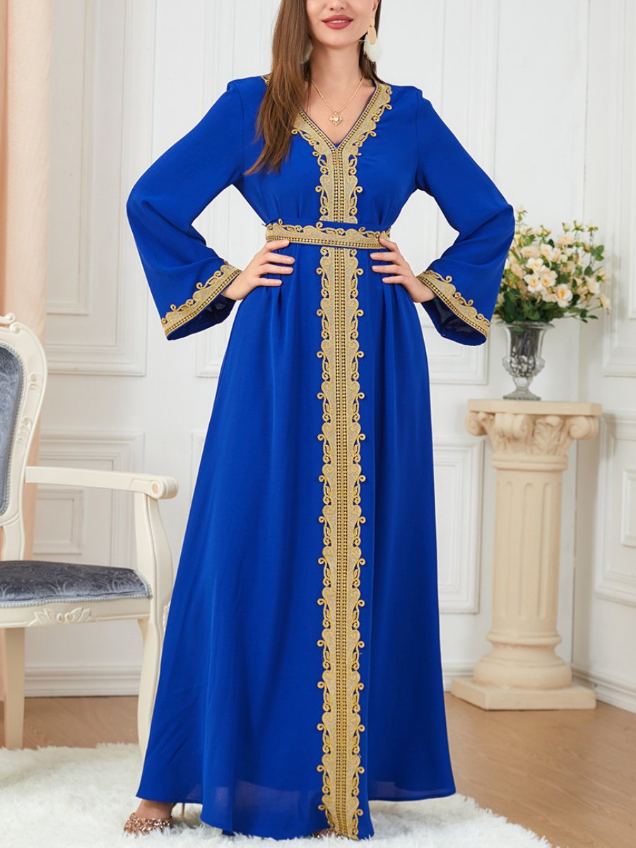 Golden Embroidery Binded Design V Neck Long Sleeve Gown | Oxredo Shop Ramadan Sale