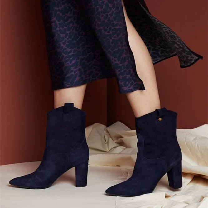 Navy Vegan Suede Chunky Heel Boots Pointy Toe Ankle Boots |FSJ Shoes