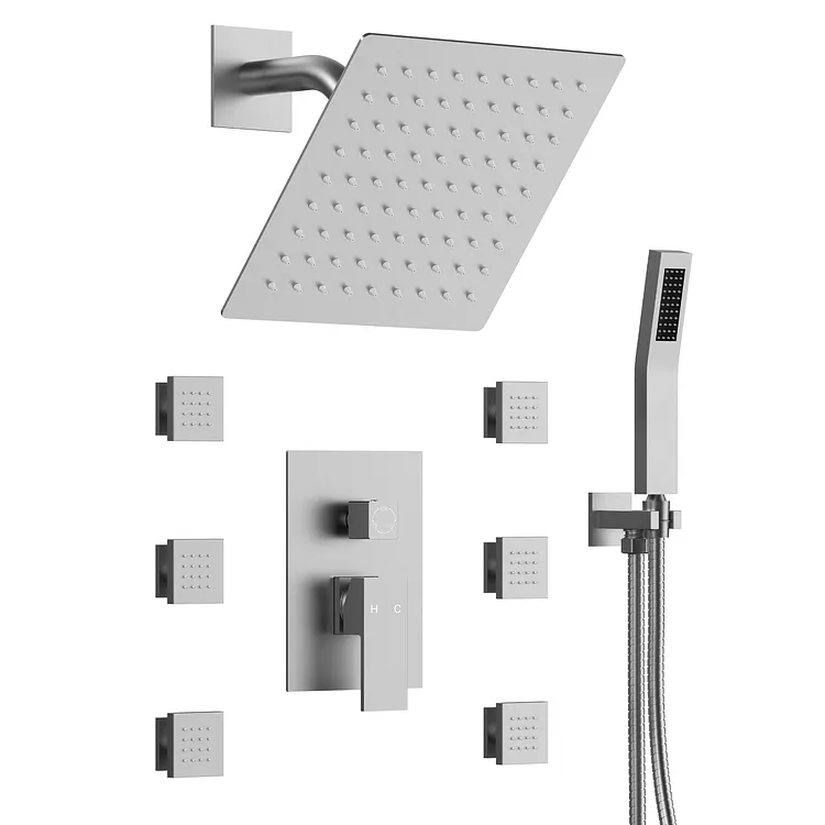 EVERSTEIN 10&ldquo; Rain Shower System with 6 Jets & Handheld in Brushed Nickel