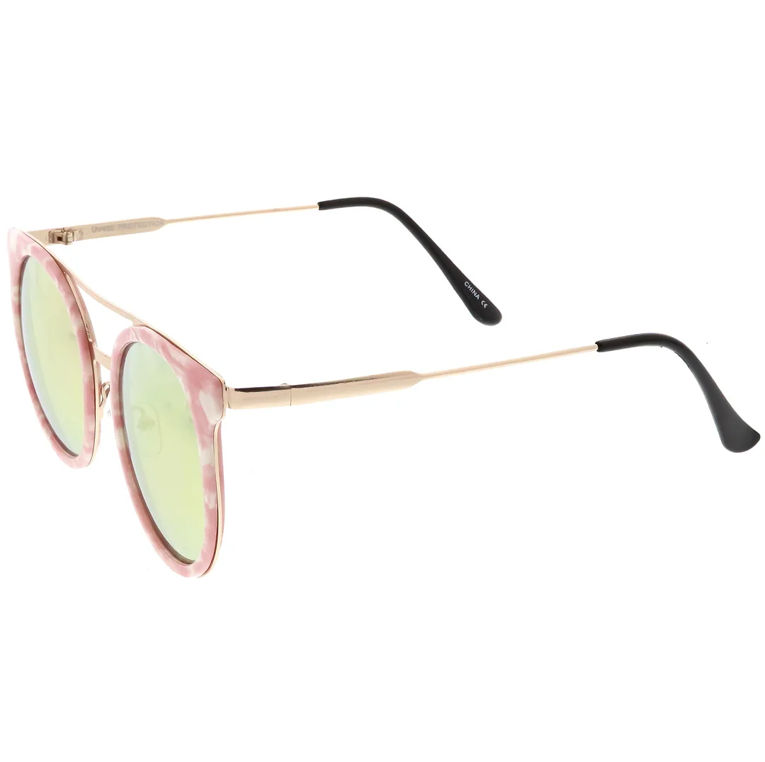 Modern Horn Rimmed glasses Sleek Double Nose Bridge Round Color Mirrored Lens 51mm