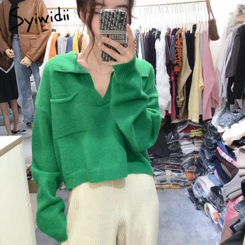 Syiwidii Orange Cropped Sweater Womens Pullover Fall 2021 Fashion Casual Turn-down Collar Short Slim Skinny White Green Tops New