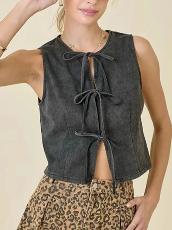 Split-Joint Lace-Up Sleeveless Loose Round-Neck Vest Top
