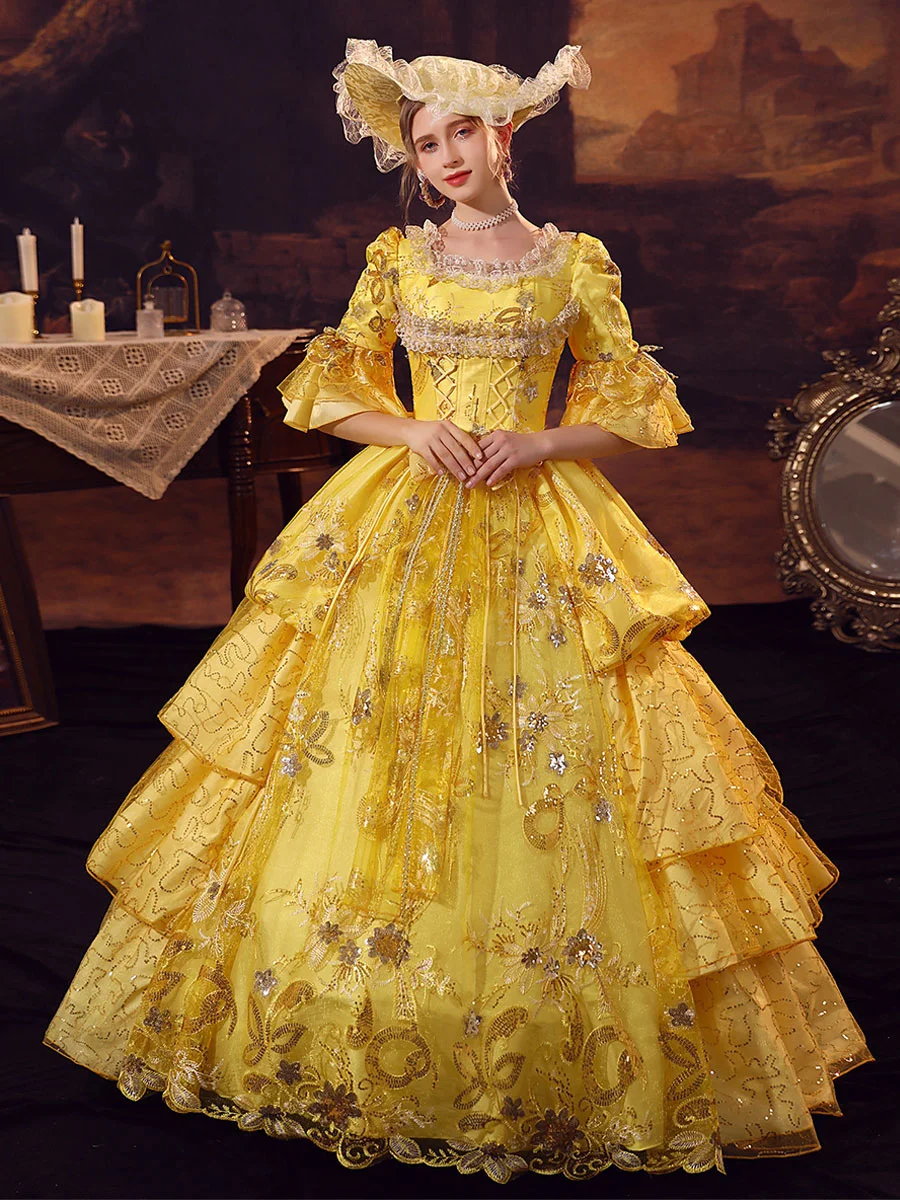 Yellow Party Dress Retro Costume Victorian Ball Gown Dress Medieval Century Performance Dress Novameme
