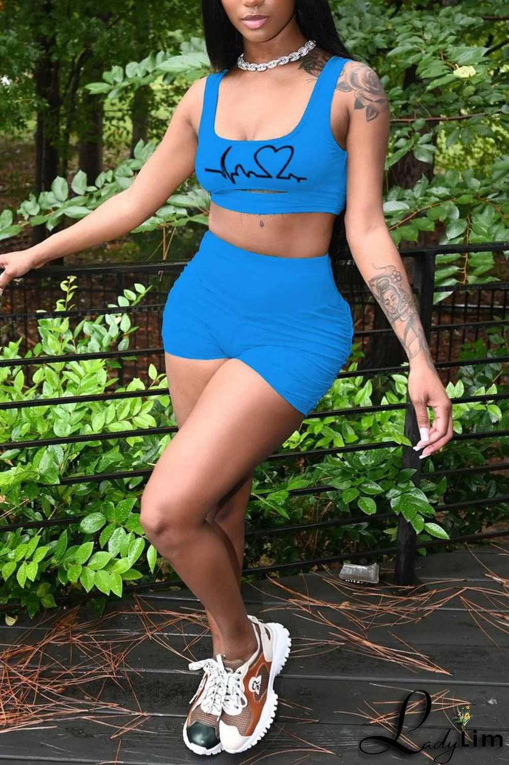 Rose Red Casual Print Split Joint U Neck Sleeveless Two Pieces