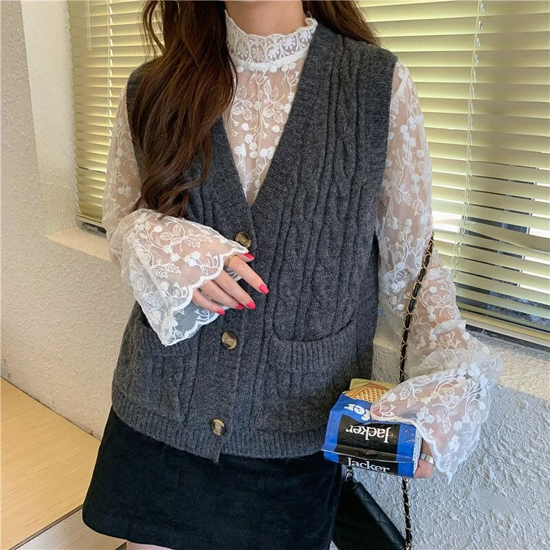 Vests Sweater Women Solid Pockets V-neck Elegant Single Breasted Cropped Womens Simple Popular Sweet Female Ulzzang Casual New