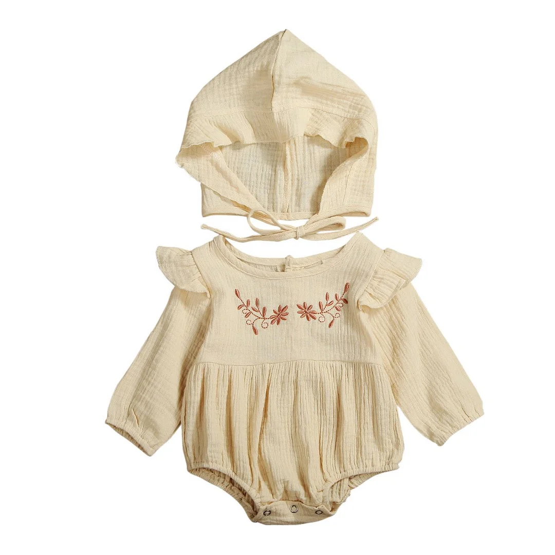 2020 Baby Spring Autumn Clothing Newborn Baby Girl Cotton&Linen Clothes Ruffle Romper Embroidery Jumpsuit Hat 2PCS Outfit