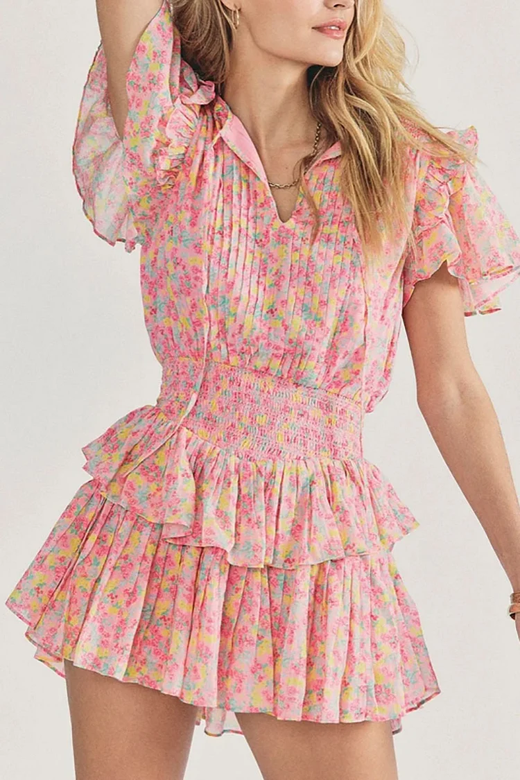 Ruffled Print V Neck Flowy Sleeve Layered Mini Dresses [Pre Order]