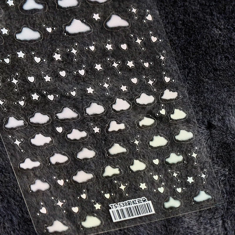 1pc 5D White Clouds Nail Stickers Gold and Silver Star Design Adhesive Red Love Sticker Decals Nail Art Decoration Manicure Tips-Nail Inspo
