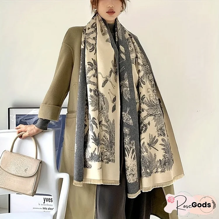 Vintage Plant Flower Jacquard Scarf Imitation Cashmere Elegant Soft Warm Cozy Fringe Shawl Autumn Winter Coldproof Windproof Blanket Scarf