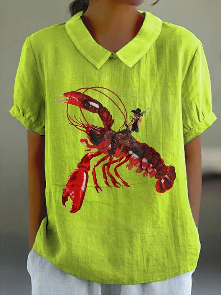 Funny Lobster And Cowboy Graphic Printed Women's Casual Cotton And Linen Shirt