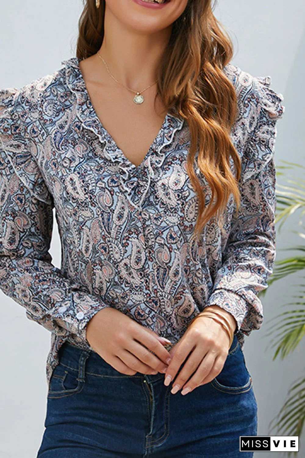 Ruffle Floral Print V-neck Blouse Top Women Wholesale