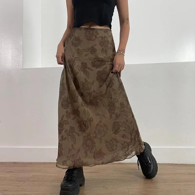 Huibahe Floral Midi Skirts Vintage Fairycore Grunge Pleated Skirts Women Holiday Bohemian Long Skirts Harajuku Korean Chic