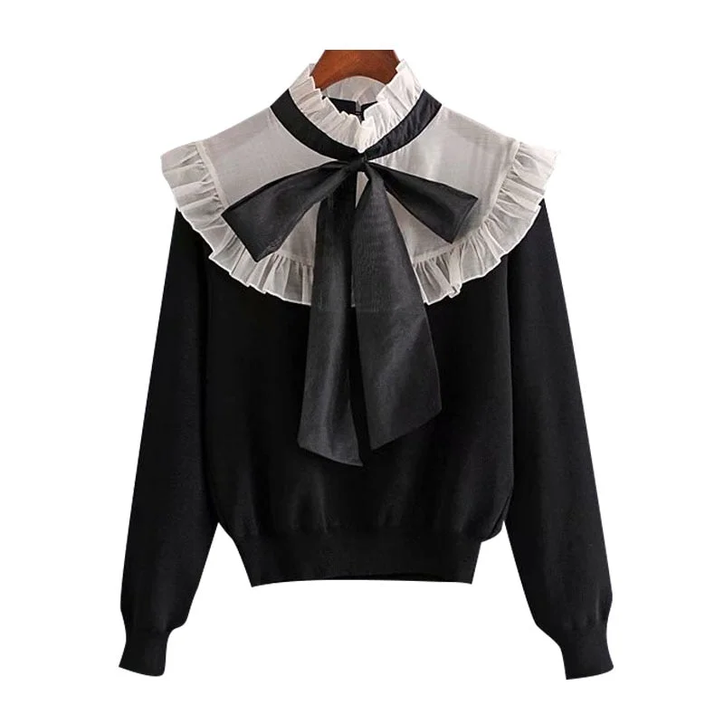KPYTOMOA Women 2020 Fashion Organza Patchwork Ruffled Knitted Sweater Vintage High Collar Bow Tied Female Pullovers Chic Tops