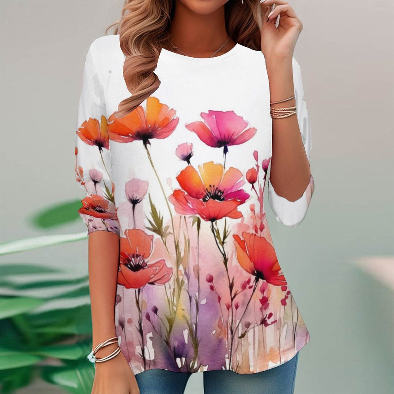 Women Long Sleeve V-neck Graphic Floral Printed Top