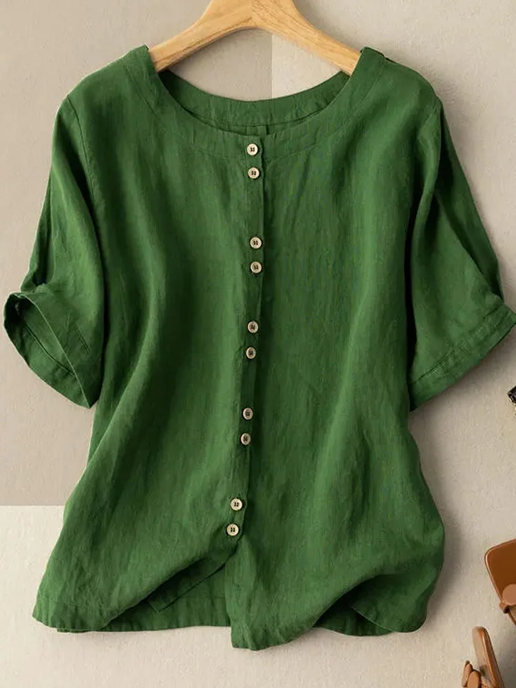Cotton And Linen Round Neck Casual Short-sleeved Blouse