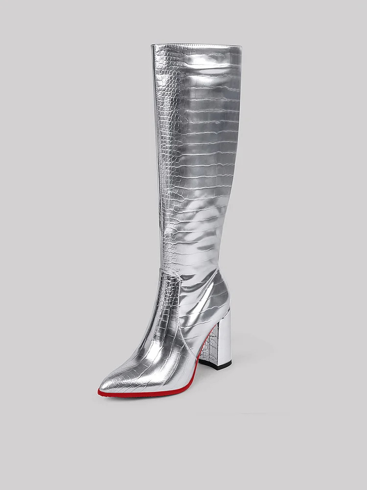 90mm Women's  Knee Boots Genuine Leather Chunky Heels Red Bottom Boots
