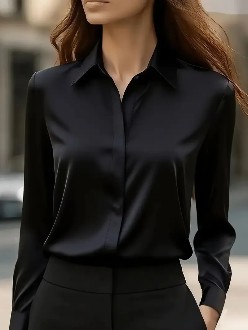 Satin Button-Down Long Sleeve Blouse
