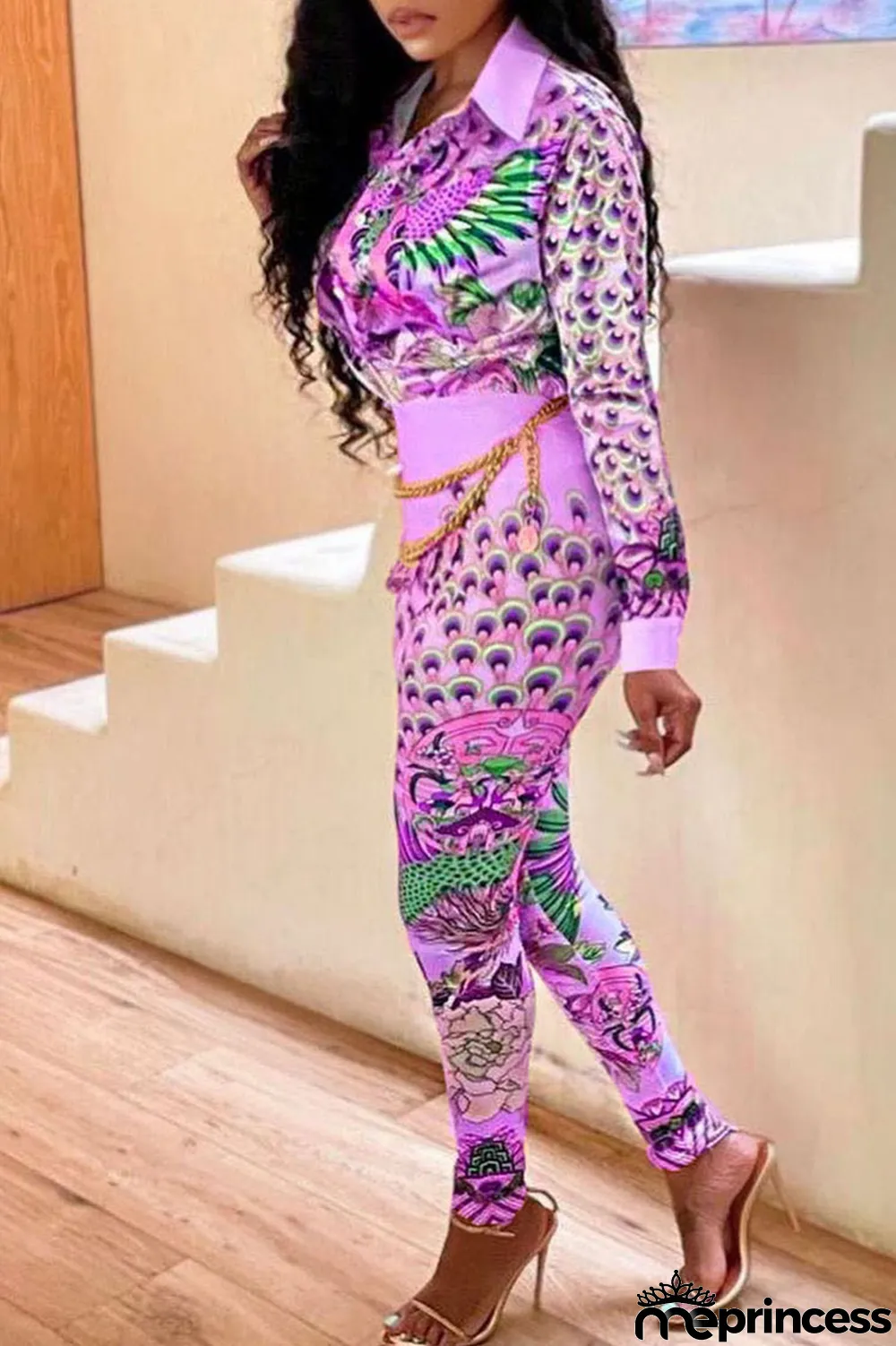 Purple Casual Print Split Joint Buckle Turndown Collar Long Sleeve Two Pieces(Without Belt)