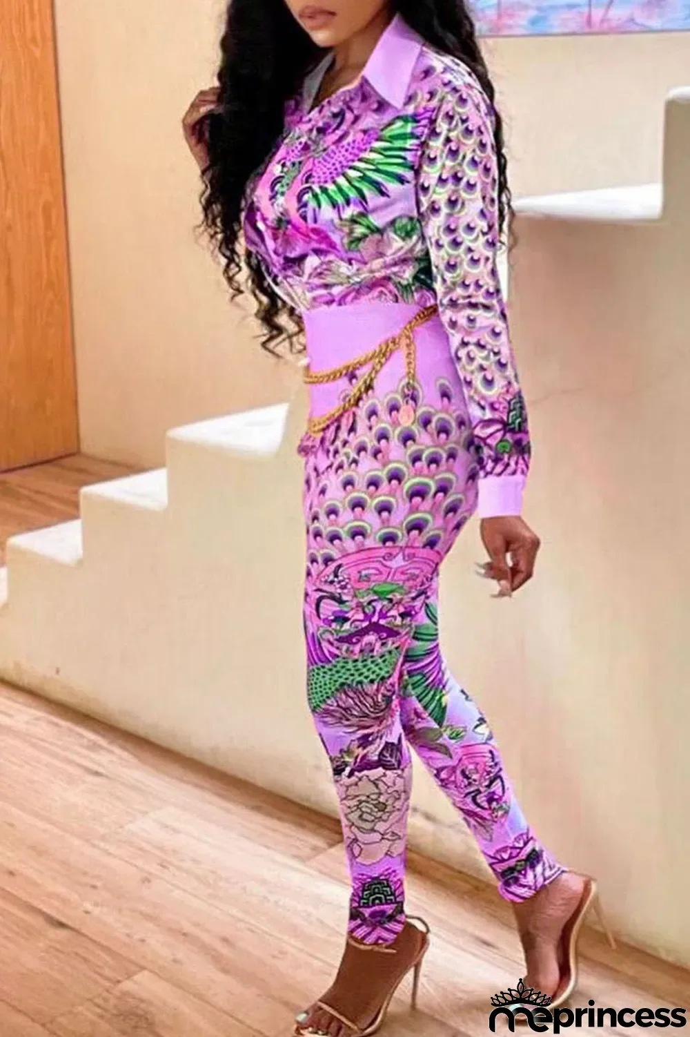 Purple Casual Print Split Joint Buckle Turndown Collar Long Sleeve Two Pieces(Without Belt)