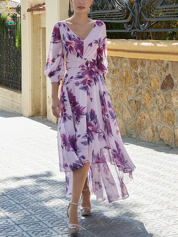 V-Neck Printed Irregular Hem Midi Dress