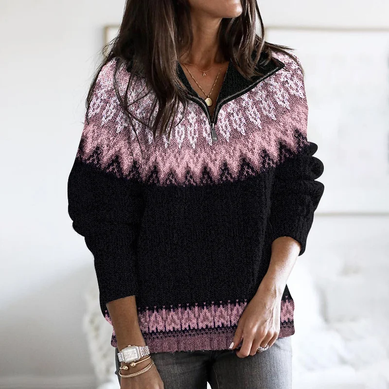 Vintage Tribal Icelandic Pattern Stand Collar Zip Sweater