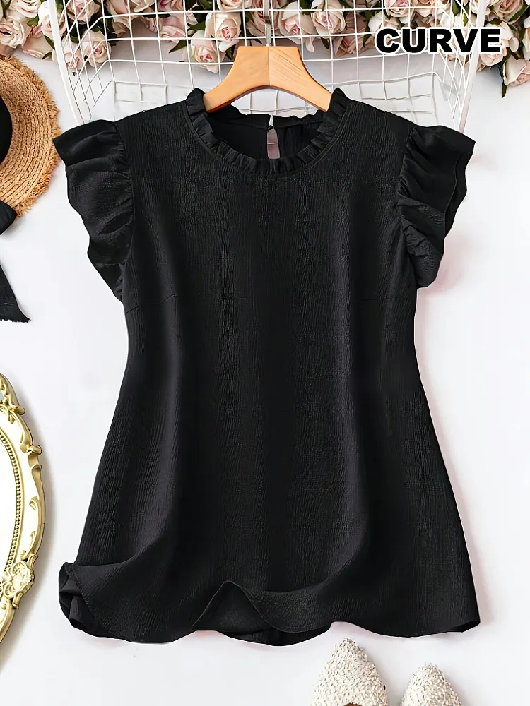 Plus Size Womens Elegant Black Ruffled Cap Sleeve Shirt Lightweight Breathable Round-neck