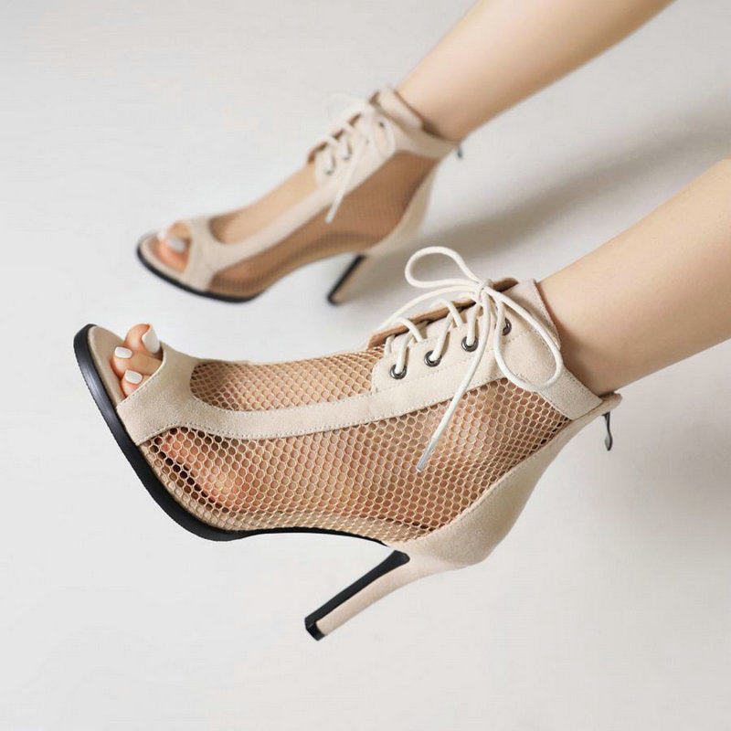 Women heel sandal stiletto back zipper hollow mesh peep toe lace up sandals