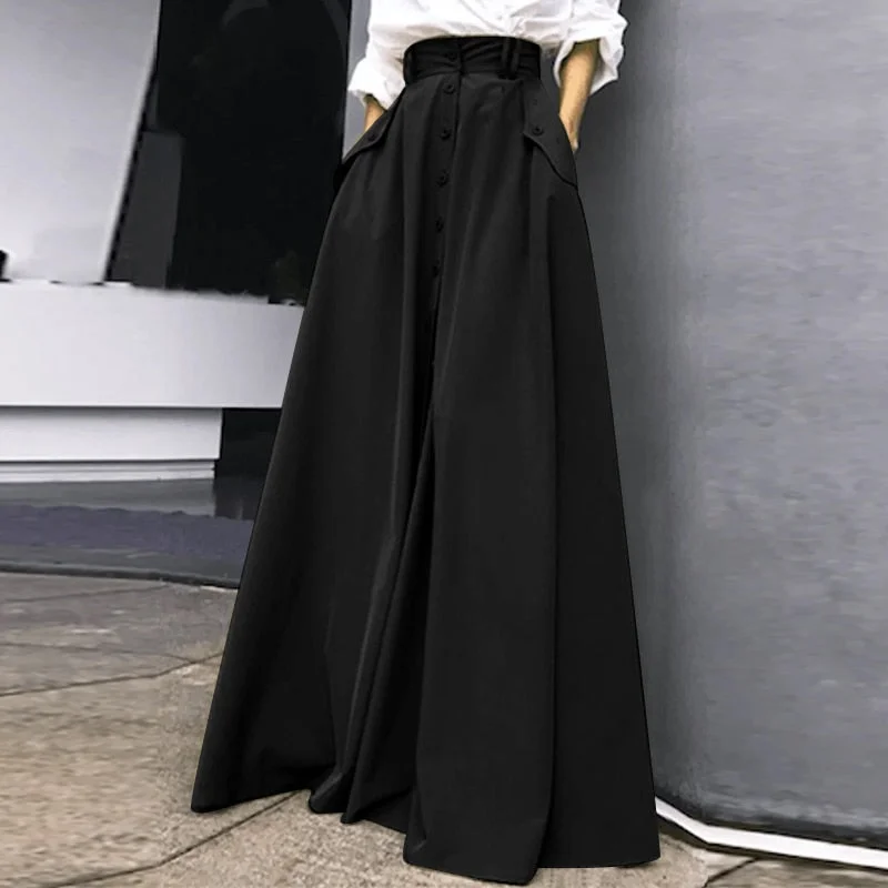 Celmia 2022 A-line Swing Long Skirt Women High Waist Maxi Skirts Elegant Buttons Up Pocket Faldas Fashion Office Lady Solid Jupe