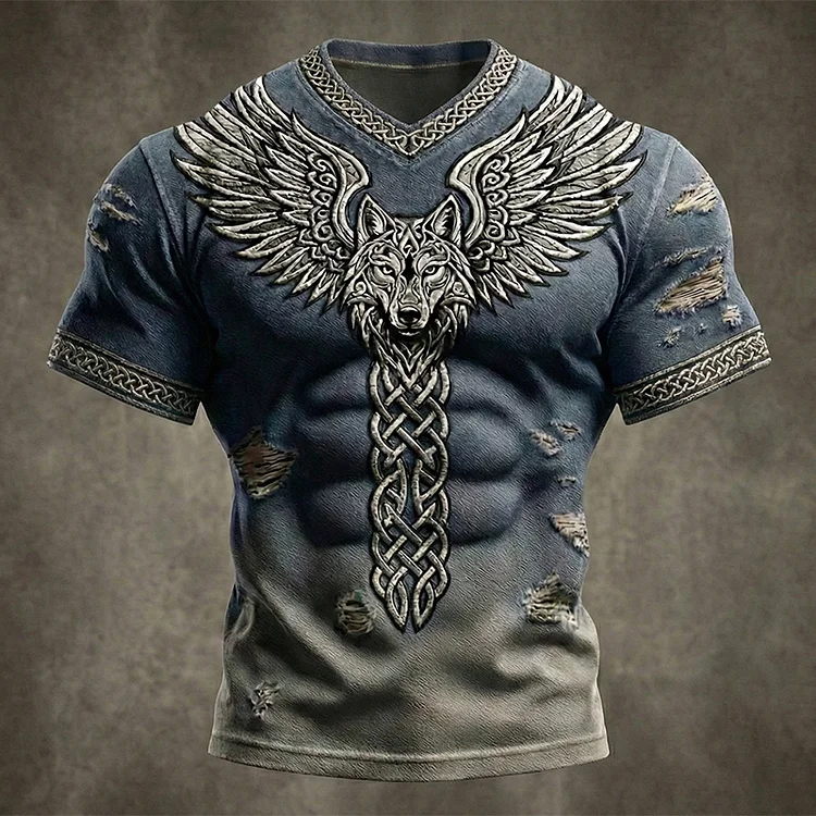 Men's Viking Tribal Jacquard Celtic With Wings In Gradient Graphics Distressed Denim Print Short-sleeve T-shirt