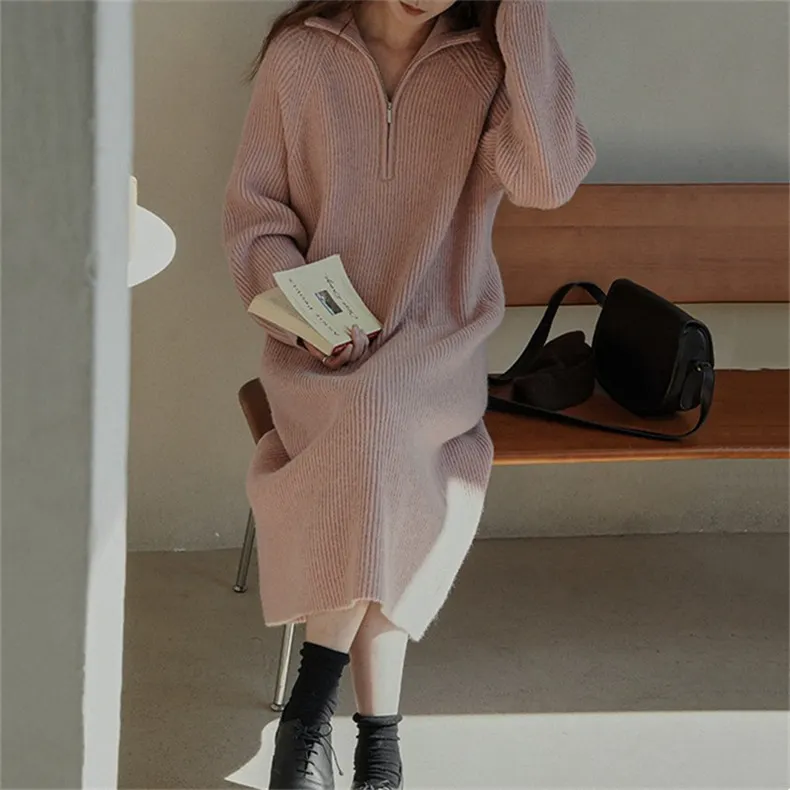 Churchf Churchf Lapel Half Zipper Wool Dress 2024 Autumn And Winter New Style With Loose Casual Long Knit Bottom Shirt Women