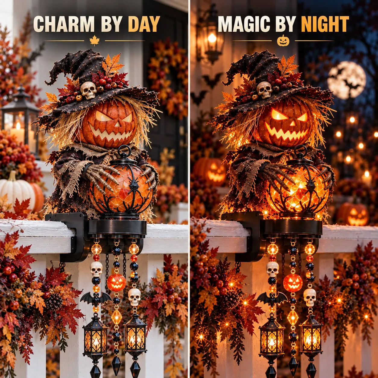 Halloween railing light glowing at night
