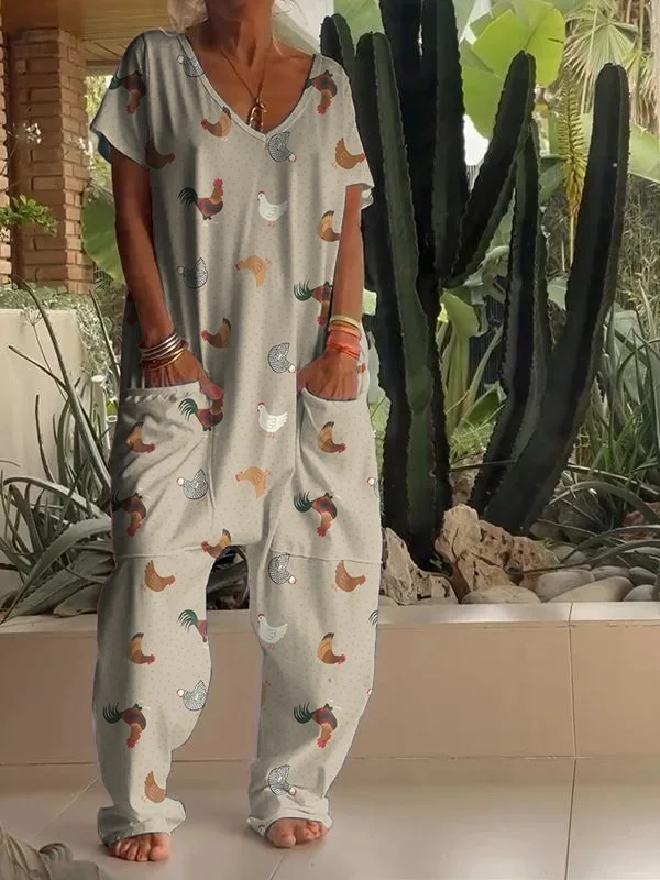Casual Chicken Art Print V Neck Jumpsuit