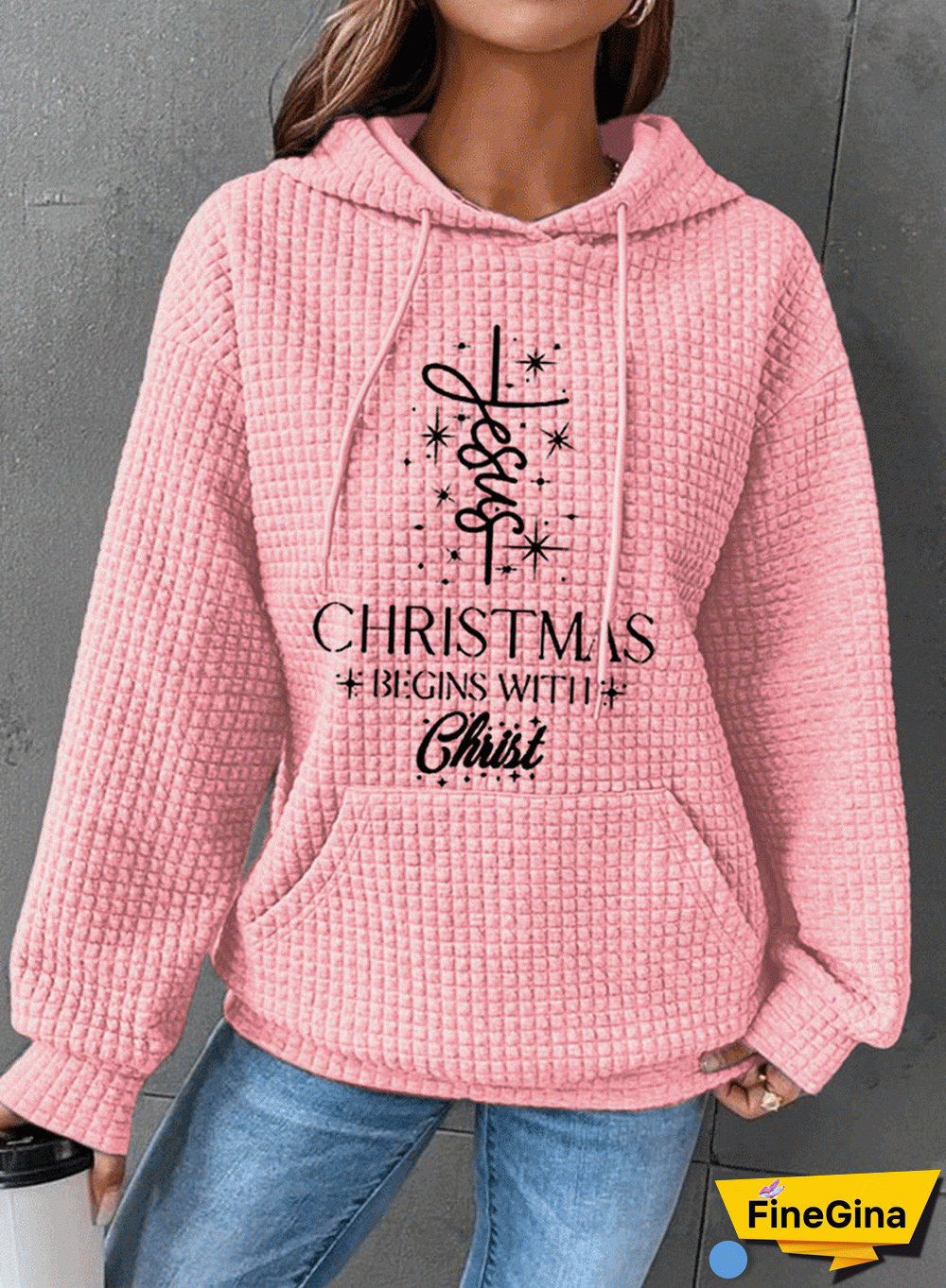 Women's Christmas Begins with Jesus Print Waffle Hoodie