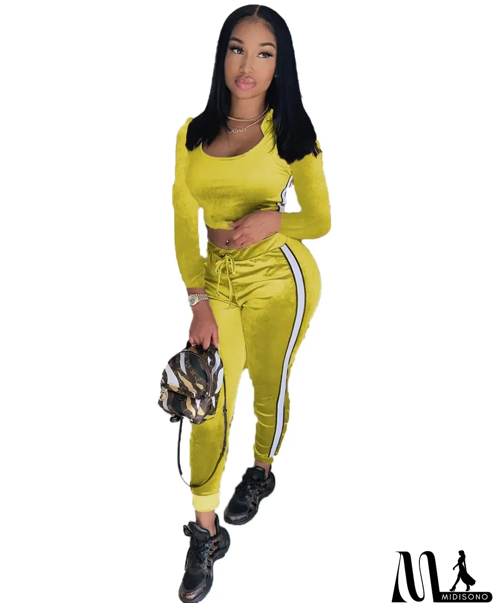 MidiSono - Autumn Matching Two Piece Fitted Velvet Crop Top and Pants Set