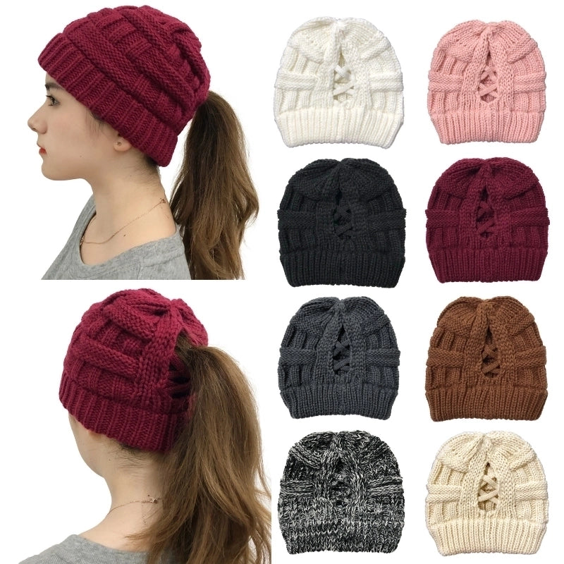 Wish New Bamboo Cross Ponytail Knitted Hat Back Opening Women's Wool Warm Hat