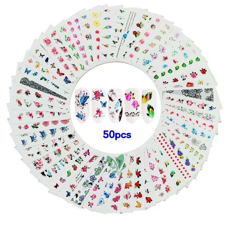 Agreedl 50pcs Water Transfer Nail Sticker Set Black Lace Flower Leaf Decals Slider Wraps Tips Nail Art Decorations Manicure Accessories