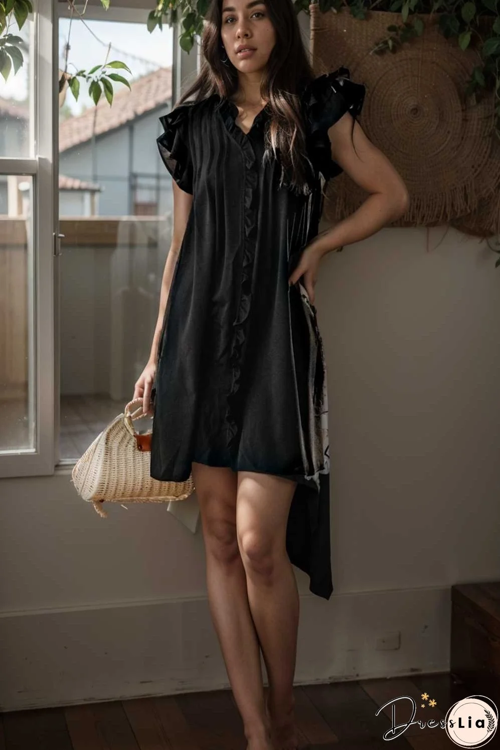 sweet black ruffle sleeve v neck mini shift dress