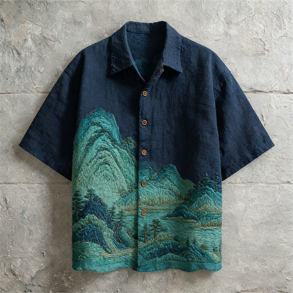 Vintage Japanese Landscape Art Linen Short Sleeve Shirt  artssus