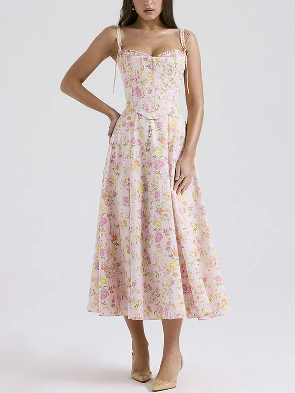 Floral Print Cami Corset A-Line Midi Dress