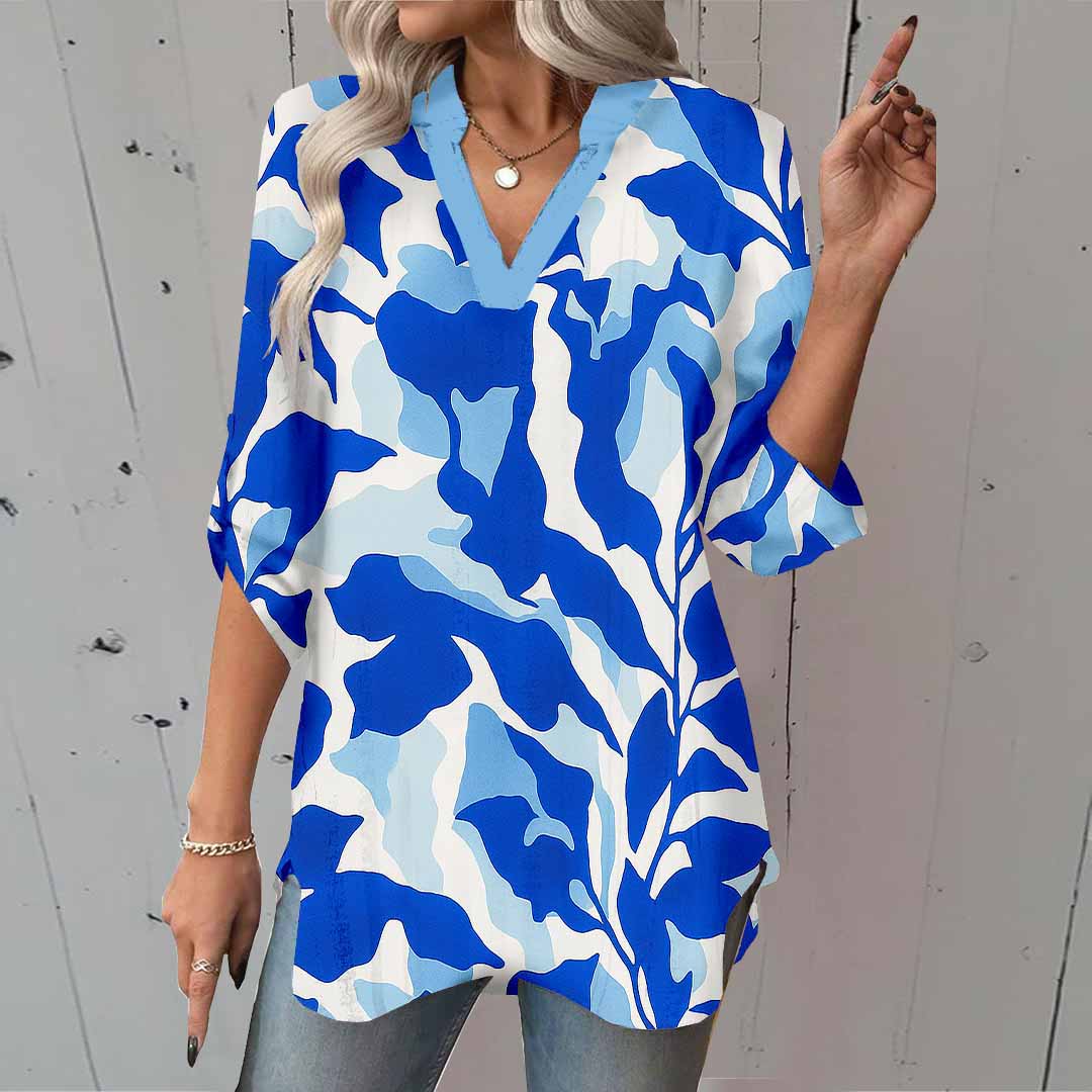 Women Floral, Blue, Leaves DZGA0120 3/4 Sleeve V-neck Printed Graphic Button Tops