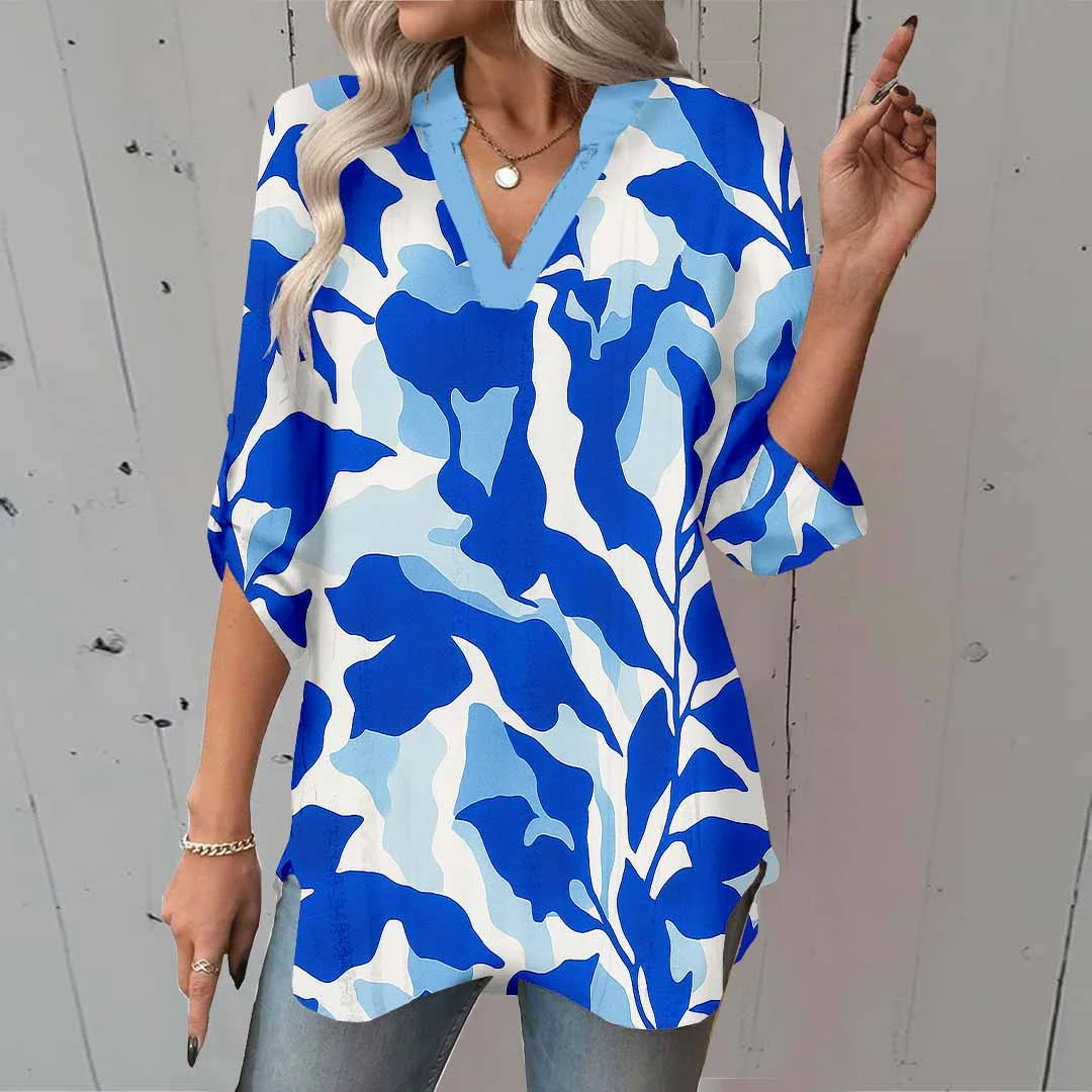 Women Floral, Blue, Leaves DZGA0120 3/4 Sleeve V-neck Printed Graphic Button Tops