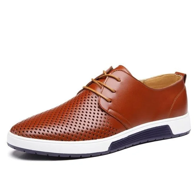 Men Casual Shoes Leather Breathable Holes Flat Shoes for Men | EGEMISS