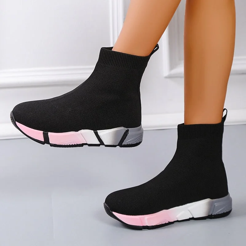 2022 Brand Unisex Socks Shoes Breathable High-top Women Shoes Flats Fashion Sneakers Stretch Fabric Casual Slip-On Ladies Shoes