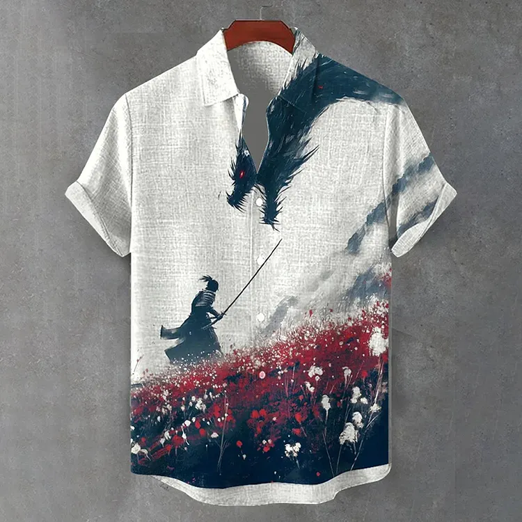 Men's Japanese Samurai Dragon Mythology Art Print Shirt
